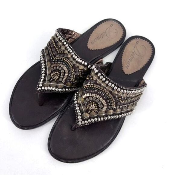 Delman heavily beaded leather flip flop sandals size 6 brown - Picture 1 of 9